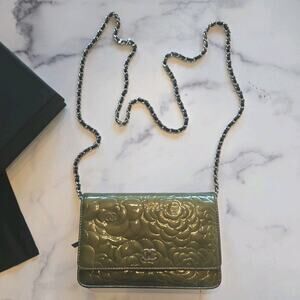 CHANEL Camellia Green Blue Wallet‎ Shoulder Bag Crossbody Patent Leather WOC